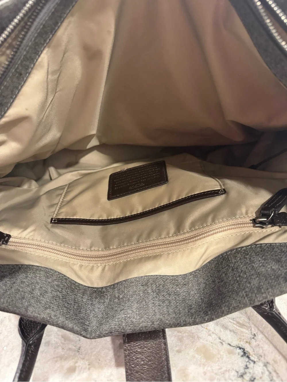 Tumi Lockable Villa Turin Shopper Laptop Bag Grey Coated Twill Brown Leather